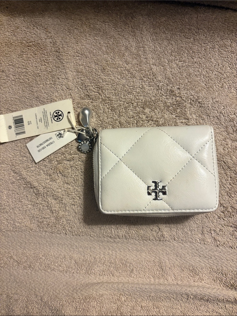 Tory Burch White Quilted Leather Mini Zip Wallet with Logo Charm